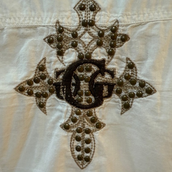 Vintage Guess Jeans White Snap Button Up Embroidered Cross Design moto goth - Picture 4 of 14